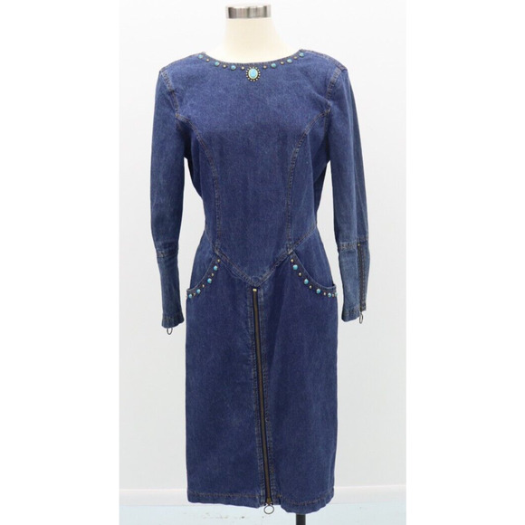 Jou Jou Y2K 1990's Denim Dress Stones and Gromet Embellishments Size M (Size 8) - Picture 1 of 16